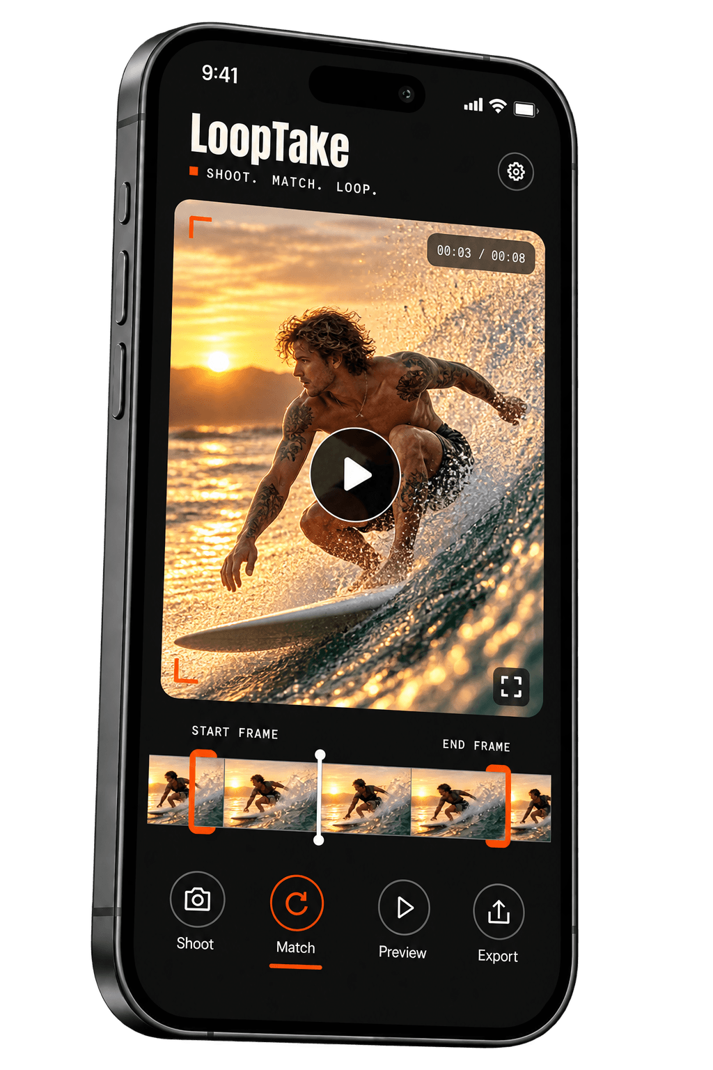 LoopTake on an iPhone, with the start and end frames of a clip marked on the timeline.